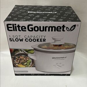 Elite Gourmet White Slow Cooker 1.5 Quart Temperature Controller Tempered Glass